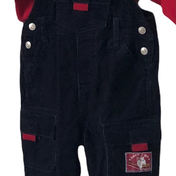 Nannette Baby Boy Blue Corduroy Overalls with Red Long-sleeve Shirt  Sz 3-6 - Picture 3 of 6